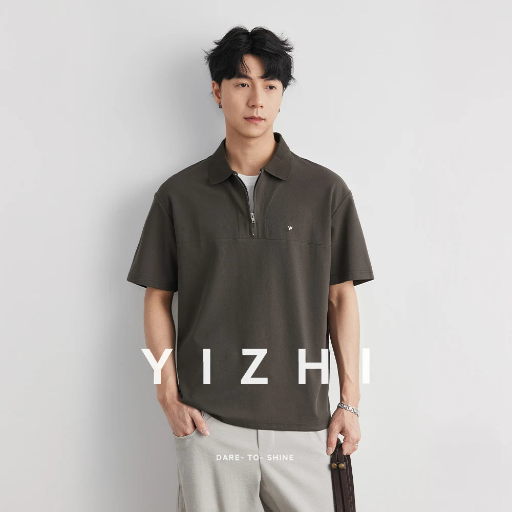 Men's Letter Embroidered Half Zip Lapel Polo Shirt 2026 Summer New Loose Drop Shoulder Vintage Casual Short Sleeve T-shirt