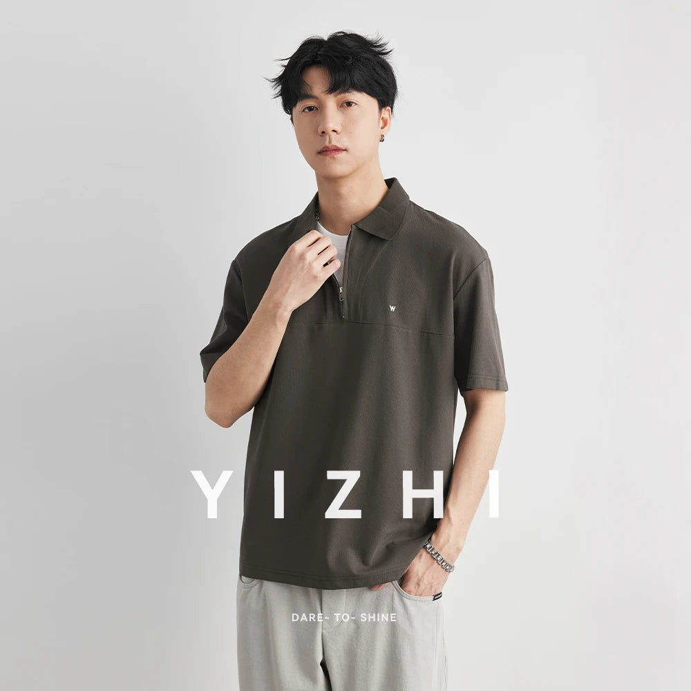 Men's Letter Embroidered Half Zip Lapel Polo Shirt 2026 Summer New Loose Drop Shoulder Vintage Casual Short Sleeve T-shirt