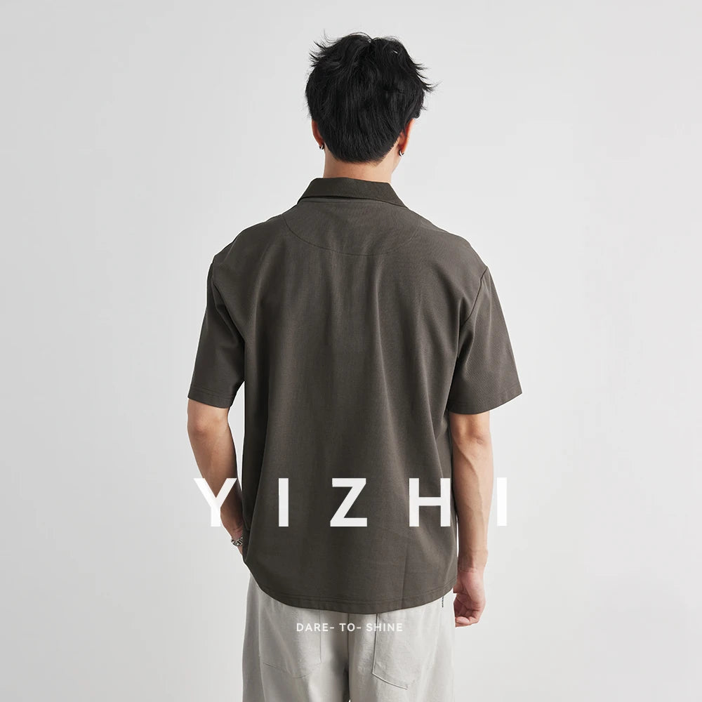 Men's Letter Embroidered Half Zip Lapel Polo Shirt 2026 Summer New Loose Drop Shoulder Vintage Casual Short Sleeve T-shirt