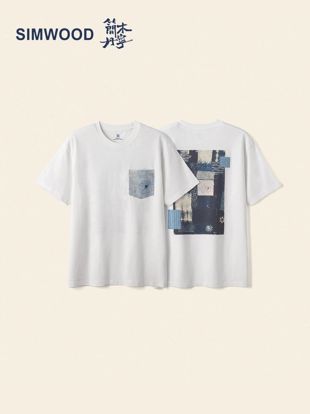 SIMWOOD 2026 Vintage Denim Patchwork Printed T-Shirt Men 270gsm Slub Cotton Fabric Loose Short Sleeve Hip Hop Streetwear Tops