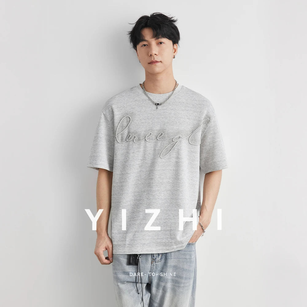 Men's Heavyweight 210g Lyocell Embroidered Letter T-shirt 2026 Summer New Jacquard Crew Neck Loose Casual Short Sleeve
